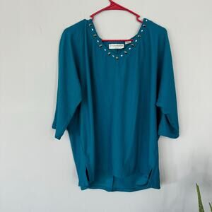 Sag Harbor Stretch Jeweled Round V-Neck Top Women's Plus Size 1X Green Blue
